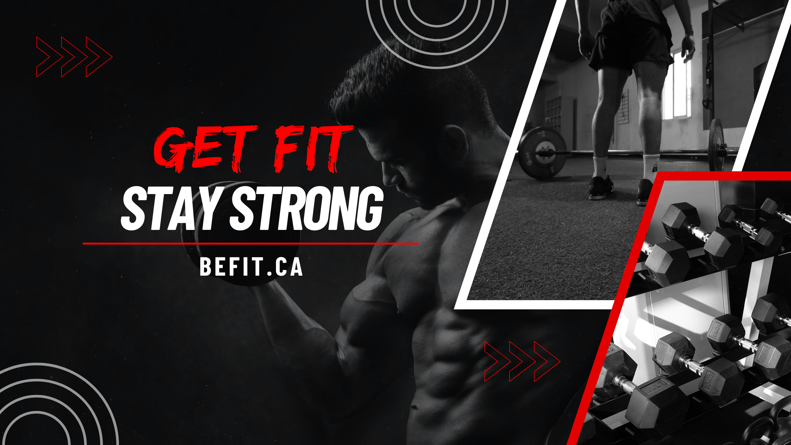 Advertisement for fitness with text 'Get Fit Stay Strong' and website 'Befit.ca'.